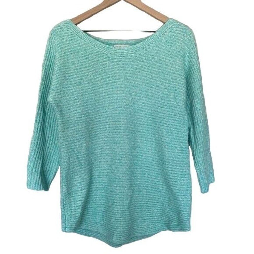 New York & Company Small Sweater Mint Green & White Marled Knit Cable 3/4 Sleeve